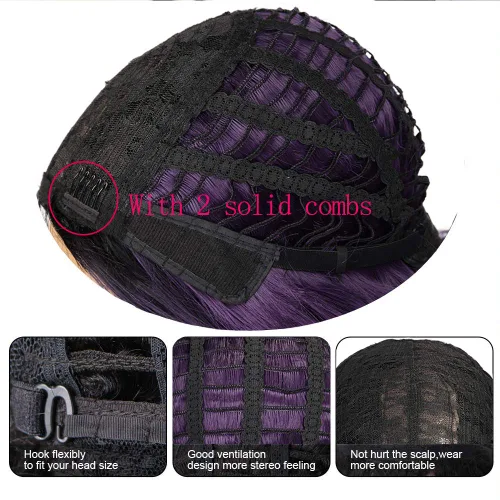 Miniatura 8 de Pelucas largas, rizadas y onduladas, en color morado degradado, de pelo sintético, resistentes al calor, 2 tonos, raíces oscuras, para mujeres