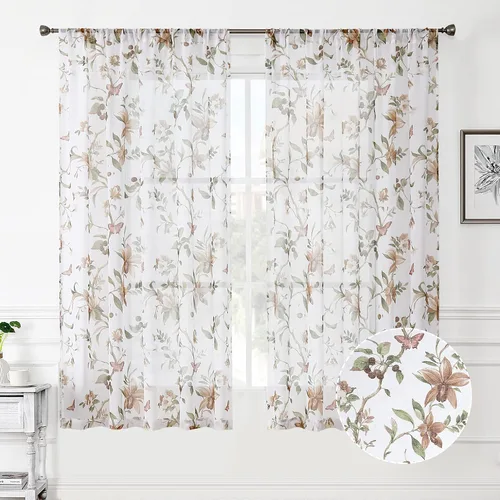 Miniatura 17 de Tollpiz Cortinas cortas y traslúcidas con estampado de mariposas y cerezo gris, media cortina con bolsillo para barra de cocina, cortinas