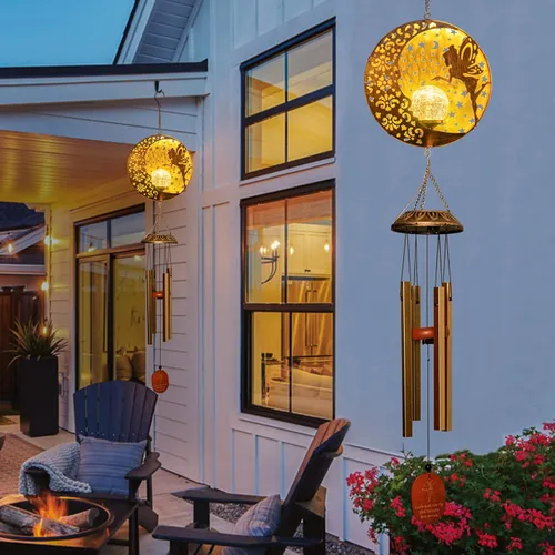 Miniatura 6 de Tryme Campanillas de viento solares para exteriores con luces colgantes de hadas y 4 tubos de aluminio, decoraciones de luna para el patio, porche