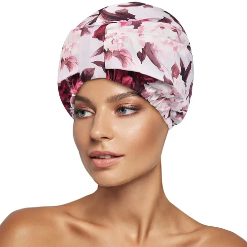Miniatura 13 de INNELO Gorro de ducha de lujo para mujeres, reutilizable, impermeable, gorro de ducha de doble capa con correa elástica ajustable, gorro de baño