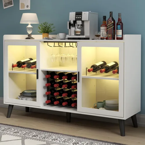 Miniatura 2 de Auromie Gabinete de bar de vinos con luz LED, gabinete de café para el hogar con estante para vino y vidrio, aparador de cocina con estantes