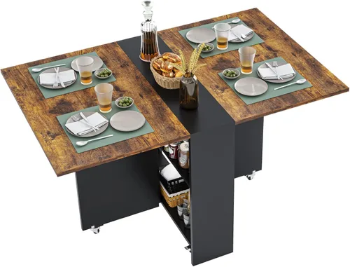 Miniatura 9 de Mesa de Comedor Plegable con Hoja Abatible con 6 Ruedas y Estante de Almacenamiento de 2 Niveles, Mesa que Ahorra Espacio para Espacios Pequeños