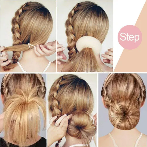 Miniatura 3 de TsMADDTs Juego para hacer moños estilo anillo, 7 moños dorados, 5 lazos para el cabello, 20 alfileres para peinados de moño