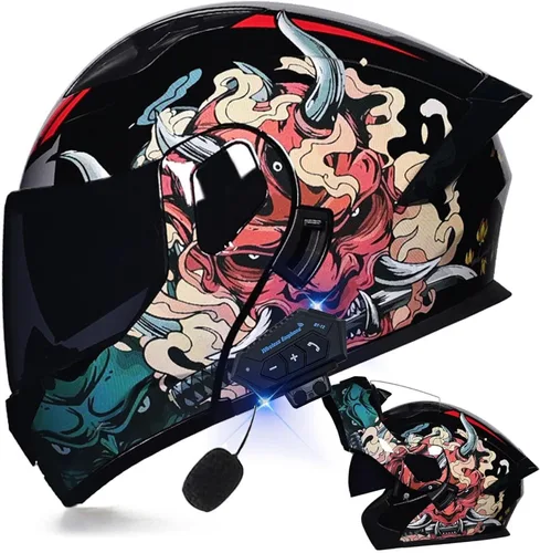 Miniatura 44 de Casco modular Bluetooth para motocicleta, aprobado por DOT, de cara completa, abatible, antivaho, doble visera, casco de motocicleta de calle, LENTE