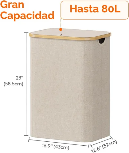 Miniatura 4 de Lifewit Cesta de lavandería de 80 litros con tapa, cestas de ropa para lavandería con asas de bambú y una bolsa de lavandería extraíble, cesta