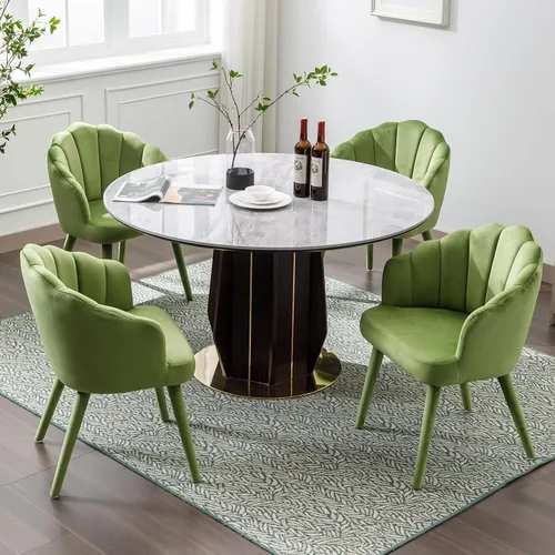 Miniatura 12 de Juego de 2 sillas de comedor de terciopelo modernas con respaldo de pétalos y patas de madera, cómodas sillas laterales tapizadas para comedor, Negro