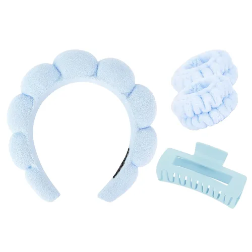 Miniatura 11 de Wecoe Juego de diadema y pulsera para el cuidado de la piel para el cuidado de la piel, pinzas para cabello grueso, esponja hinchada con burbujas