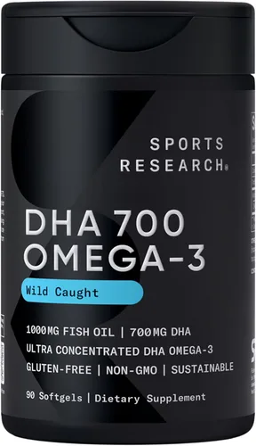 Sports Research® Aceite de pescado DHA Omega-3 700 mg – Pescado capturado en la naturaleza de una sola fuente – Apoya la salud cerebral* – Burpless,