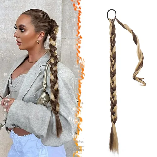 Miniatura 73 de Barsdar Extensión de 26 Pulgadas de Cola de Caballo Trenzada Larga con Banda Elástica - Extensiones de Cabello en Cola de Caballo Recta y Elegante