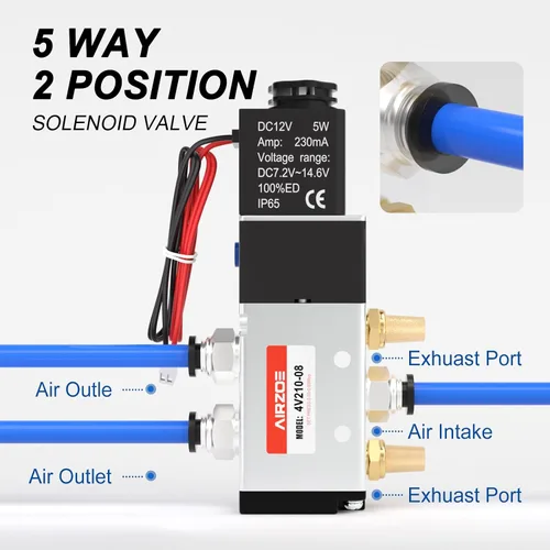 Miniatura 8 de AIRZOE 1/4 "NPT DC12V 2 posiciones 5 vías válvula solenoide, válvula solenoide eléctrica de bobina única operada por piloto (cable de salida)