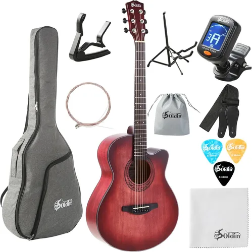 Kit de guitarra acústica de 40 pulgadas con tapa de abeto sólido de alta calidad, con bolsa de concierto, soporte de guitarra, afinador, correa,