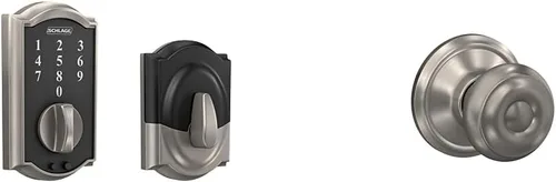 Schlage BE375 CAM 619 Touch Camelot - Cerrojo de seguridad, cerradura electrónica de entrada sin llave, níquel satinado y perilla de puerta