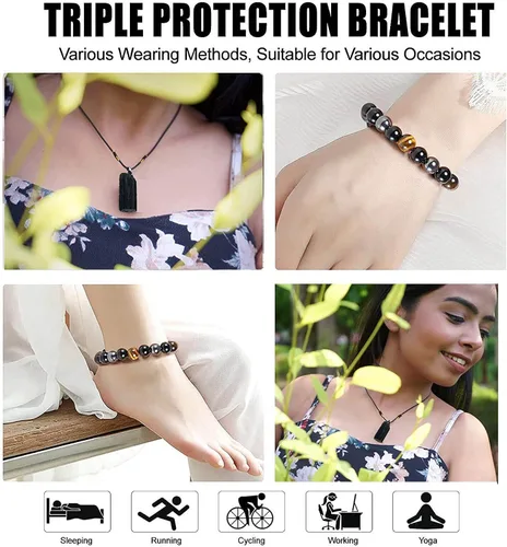 Miniatura 7 de HEFFY Black Raw Tourmaline Crystal Stone Necklace Pendant Amulet Pillar Pendant+Triple Protection Bracelet Hematite Obsidian Tiger Eye Bracelets for