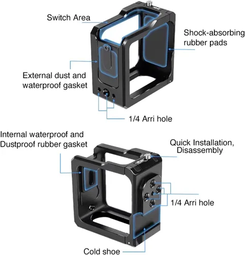 Miniatura 6 de Marco protector de jaula para GoPro Hero 11 Black Mini, aleación de aluminio, agujero de extensión de 1/4 pulgadas, carcasa de jaula de cámara