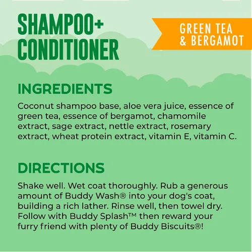 Miniatura 3 de Buddy Grooming Wash Champú 2 en 1 para perros, té verde y bergamota, botella de 16 onzas