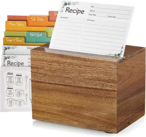 Miniatura 9 de DRASTAR Caja de tarjetas de recetas, soporte para recetas de acacia de 4 x 6, organizador de recetas con 50 tarjetas y 6 divisores, caja de tarjetas
