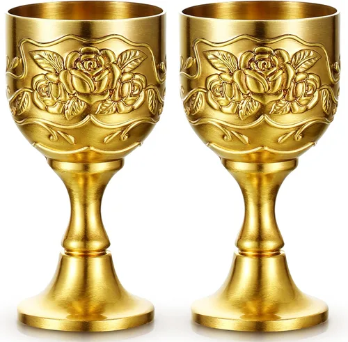 Nosiny 2 copas de cáliz pequeñas de vino de cobre dorado vintage, copas de vino medievales, de aleación de zinc, copas de chupito en relieve para