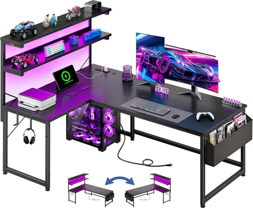 Miniatura 10 de DurayLoly Escritorio en forma de L para juegos con luz LED y toma de corriente, escritorio reversible en forma de L para computadora de 43.3