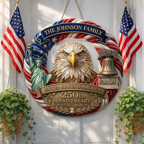 Miniatura 21 de NAZENTI Letrero personalizado para puerta del 4 de julio con nombre familiar, coronas de puerta personalizadas para 250 aniversario de Estados