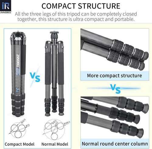 Miniatura 8 de Trípode de fibra de carbono INNOREL KT324C Trípode de viaje compacto portátil profesional para cámara DSLR, soporte de soporte resistente, tubo