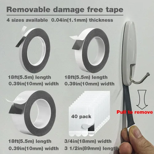 Miniatura 2 de Hasaky Cinta de pared extraíble libre de daños de 18 pies, agarre de alfombra, cinta de doble cara, color negro, tiras adhesivas para colgar