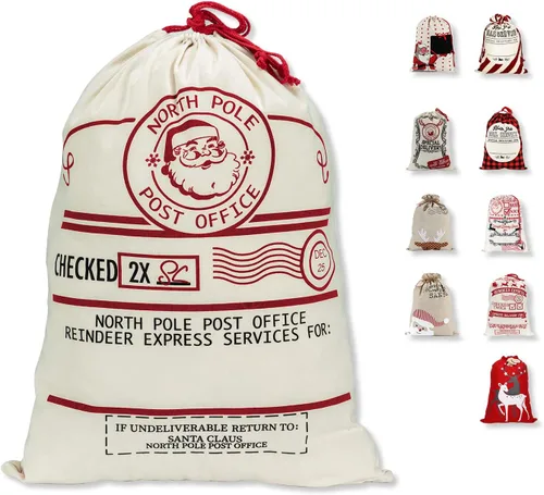Miniatura 11 de LessMo - Saco de Navidad para Papá Noel, Bolsa de regalo de Navidad grande con cordón, reutilizable, personalizada para el almacenamiento