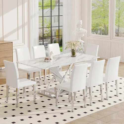 Miniatura 9 de Juego de mesa de comedor de mármol para mesa rectangular blanca de 4.63 pulgadas con marco de metal plateado en forma de X y 4 sillas de comedor