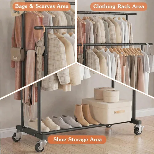 Miniatura 8 de Calmootey Perchero de ropa de doble varilla, organizador portátil para colgar ropa, organizador de ropa rodante para dormitorio, sala de estar, Negro
