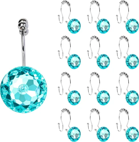 Miniatura 27 de Sunlit Diseño de Lujo Redondo Aqua Azul Diamante Cristal Gema Bling con Bolas Deslizantes Ganchos para Cortina de Ducha, Anillos para Cortina