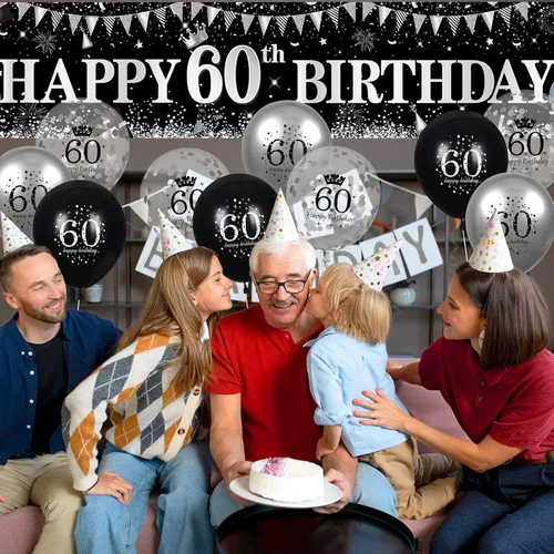 Miniatura 4 de Decoraciones de feliz cumpleaños 60, pancarta negra y plateada, letrero de patio, globos de 18 piezas para hombres y mujeres, fiesta de cumpleaños