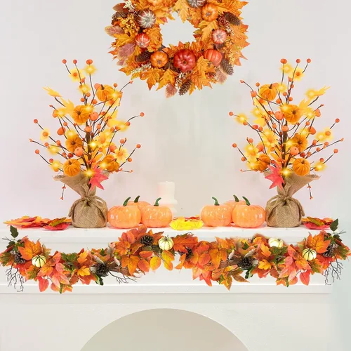 Miniatura 5 de Decoraciones de otoño para el hogar, 1 paquete de 24 pulgadas de árbol artificial de hojas de arce con luces para mesa, Acción de Gracias, cosecha