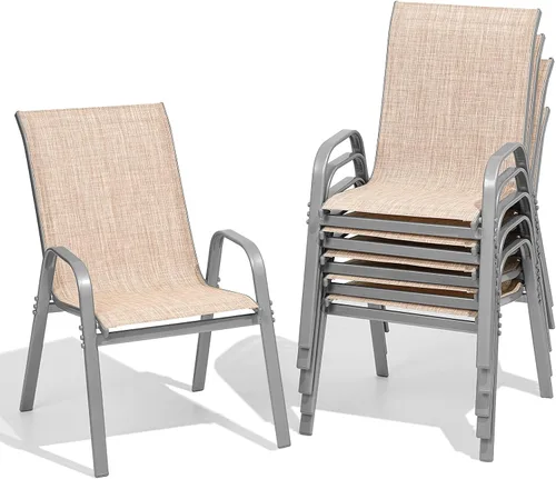 Miniatura 16 de Juego de 2 sillas de patio, sillas de comedor exterior apilables de fácil montaje con respaldo alto y asiento ancho, sillas exteriores transpirables