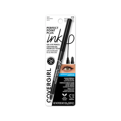 COVERGIRL Perfect Point Plus - Lápiz de ojos de gel de tinta, pigmentado, de larga duración, fórmula vegana, negro azabache mate 275, 0.01 onzas