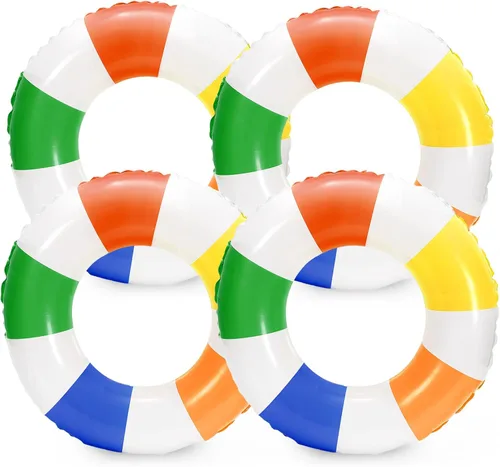 Miniatura 14 de Whaline Flotador inflable de natación de 4 piezas, anillo de natación a rayas, divertido estampado para piscina, tumbona, tubo para verano, Azul