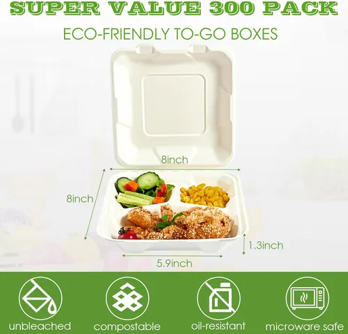 Miniatura 2 de Vplus Paquete de 300 Recipientes compostables para llevar con diseño de concha, de 20,3 x 20,3 cm, desechables y ecológicos, con 3 compartimentos