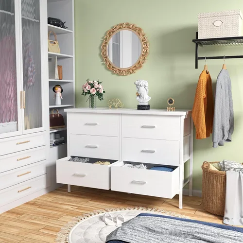 Miniatura 2 de BOLUO Cómoda blanca para dormitorio, 6 cajones, soporte de TV ancho para aparadores de TV de 50 pulgadas y cajoneras de tela para armario moderno