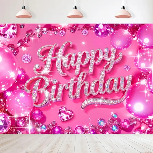 Miniatura 9 de Telón de fondo de feliz cumpleaños negro y rosa de 7 pulgadas de ancho x 5 pies de alto, tela de poliéster, globos de lazo femenino, pastel