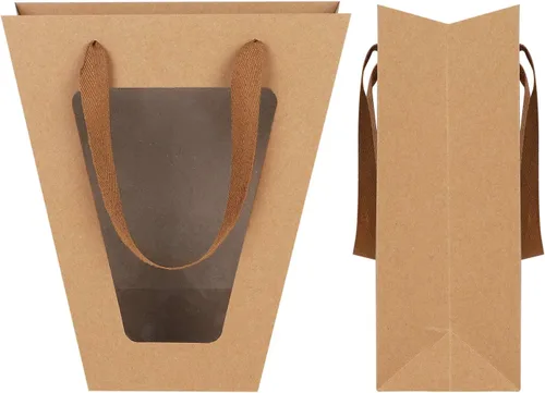 Miniatura 3 de Paquete de 10 bolsas de regalo con asas y ventana transparente, bolsas de papel kraft trapezoidales, bolsas de envoltura de ramo de flores, bolsas