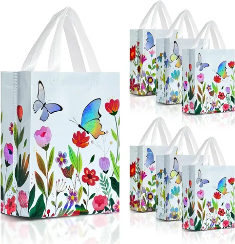 Miniatura 11 de Nush Nush Bolsas de regalo de mariposa con asas de tamaño mediano - Juego de 12 bolsas de regalo florales con brillante impresión holográfica