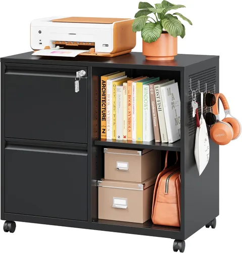 Miniatura 18 de Archivador de metal con 2 cajones con cerradura, gabinete archivador con soporte para impresora móvil y estantes para archivos de tamaño Negro