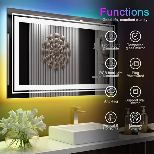 Miniatura 7 de Snowdool Espejo LED para baño, 28 x 36 pulgadas con retroiluminación RGB de 8 colores + 3 luces delanteras (ajustables individualmente), antiniebla