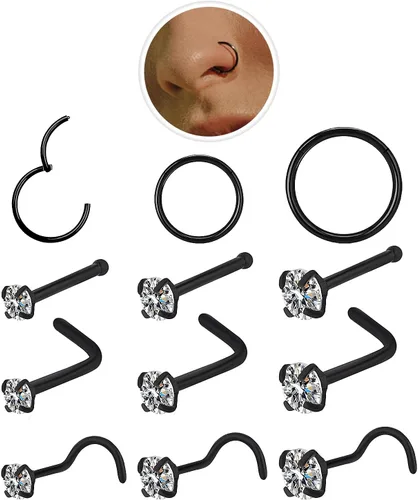 Miniatura 12 de Nose Rings Hoop and Nose Studs Sets for Women Men,Hypoallergenic 316L Surgical Stainless Steel Hinged Clicker Segment Nose Rings Hoop Helix