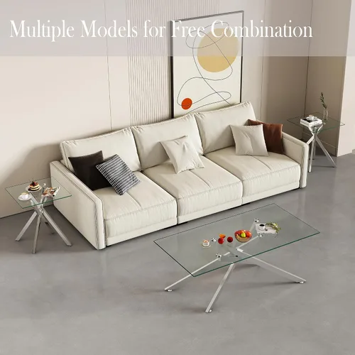 Miniatura 5 de Mesa auxiliar moderna de cristal, mesa auxiliar cuadrada para sofá, mesa auxiliar con parte superior de vidrio templado transparente y patas plateado