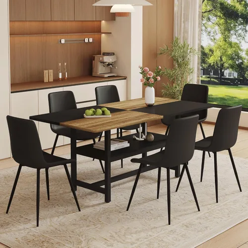 Miniatura 22 de Juego de mesa de comedor de 71 pulgadas para 6 personas con estante de almacenamiento, juego de mesa de comedor rectangular industrial moderna