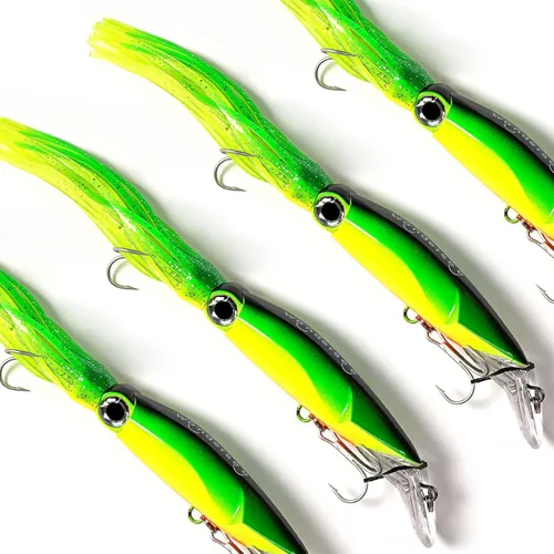Miniatura 12 de Wondersee Kit de Señuelos de Pesca de Calamar Suaves y Duros Swimbait Crankbait Jig de Simulación Pesado Holográfico 4 PCS Rojo y Negro