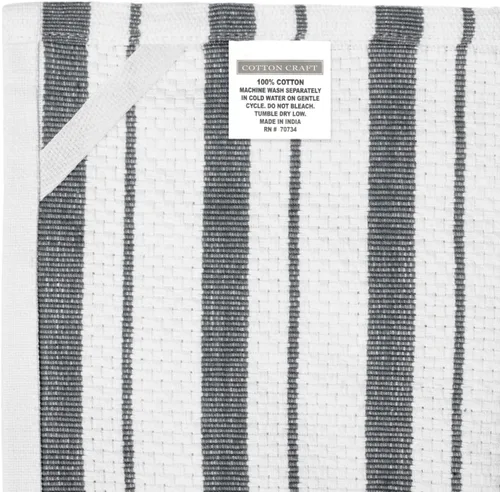 Miniatura 8 de COTTON CRAFT - Paquete de 4 - Toallas de cocina con tejido de cesta - Gris - Algodón - 20 x 30 - Patrón moderno de rayas limpias - Práctico lazo