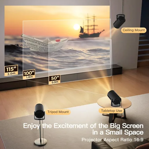 Miniatura 12 de Mini proyector con WiFi 6 y Bluetooth 5.4 Auto Vertical Keystone incorporado Android 14 OS, 1080P 4K compatible portátil 180° proyector giratorio