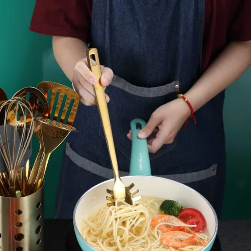 Miniatura 8 de Cuchara de espagueti dorada, servidor de pasta Berglander con chapado en oro de titanio, servidor de espaguetis de acero inoxidable para cocinar