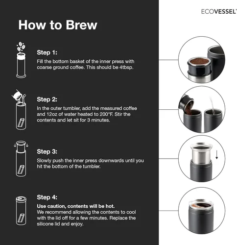 Miniatura 3 de EcoVessel Prensa francesa de viaje, cafetera portátil, prensa de café aislada de acero inoxidable, botella reutilizable de una sola porción para uso