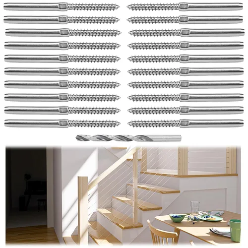 Muzata Paquete de 20 tornillos para barandillas de cable de 3/16 pulgadas, rosca para zurdos y diestros para poste de madera T316, sistema de